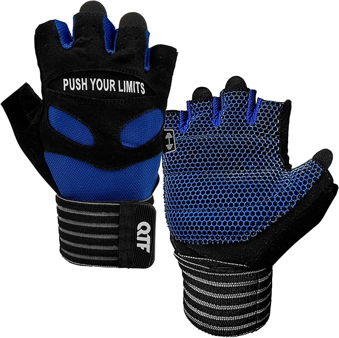 QTF Weight Lifting Gym Workout Gloves with Long Wrist Strap, Fingerless Gym Gloves for Men & Women, Full Palm Protection, for Weightlifting, Training, Fitness, Hanging