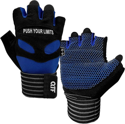 QTF Weight Lifting Gym Workout Gloves with Long Wrist Strap, Fingerless Gym Gloves for Men & Women, Full Palm Protection, for Weightlifting, Training, Fitness, Hanging
