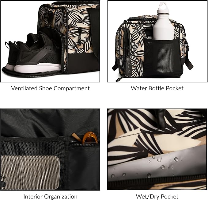 Vooray 23L Boost Duffel Bag – Small Travel & Sports Gym Bag for Women and Men with Shoe Pocket, Weekender for Overnight Football, Travel, Hospital Stays or Workout - Textured Leaves