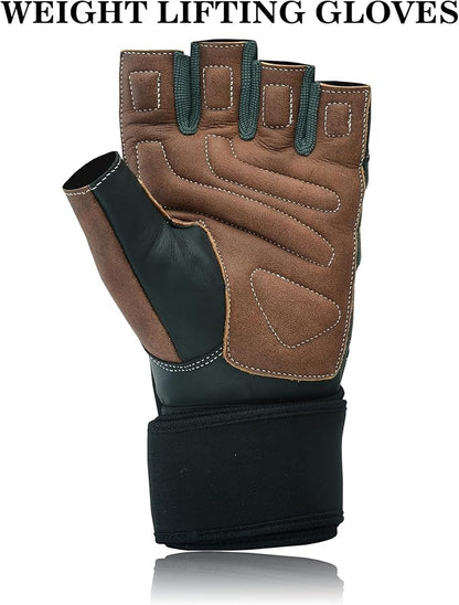 Weight Lifting Leather Padded Gloves for Men and Women Fingerless Body Building Long Wrist Support Training Gym Exercise Powerlifting Gloves Unisex Design