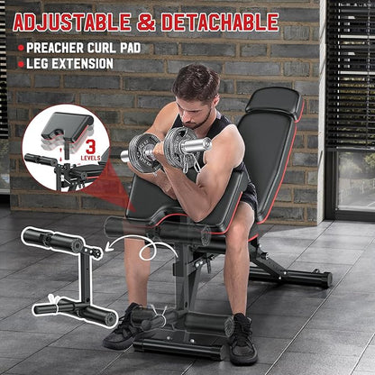 XDDIAS Workout Bench, Adjustable Weight Bench with Leg Extension and Leg Curl, Extended Headrest, 900LBS Preacher Curl Bench Incline Decline Flat Workout Bench for Home Gym Full Body Exercise