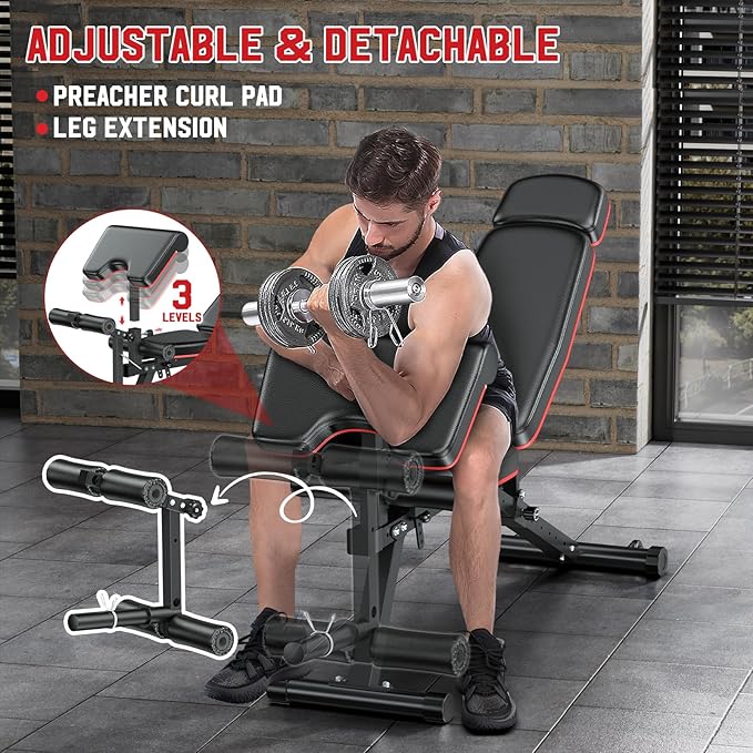 XDDIAS Workout Bench, Adjustable Weight Bench with Leg Extension and Leg Curl, Extended Headrest, 900LBS Preacher Curl Bench Incline Decline Flat Workout Bench for Home Gym Full Body Exercise