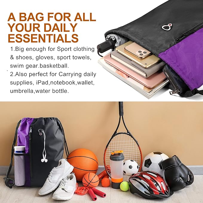 BeeGreen Purple Drawstring Backpack Sports Gym Bag for Women Men Large Cinch Sack workout Bag with Zipper and Water Bottle Mesh Pockets, 16 x 20 inch