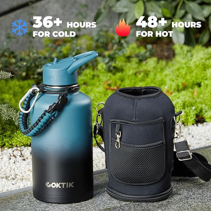 COKTIK 64oz Insulated Water Bottle - Stainless Steel Vacuum Metal, Portable ½ Gallon Large-Capacity Sports Bottle with Straw, Carry Bag and Handle Strap, Ideal for Gym & Hiking(Dark Night)