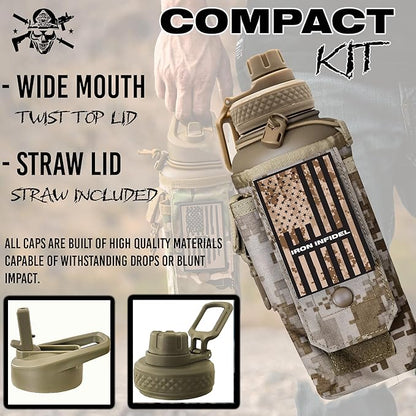 Iron Infidel Battle Bottle - 32 Oz Insulated Water Bottle with Straw Lid & Chug Cap, Stainless Steel Metal Tactical Flask With Rugged, Removable Sleeve for Keys & Phone or Wallet (MARPAT 1 Liter)