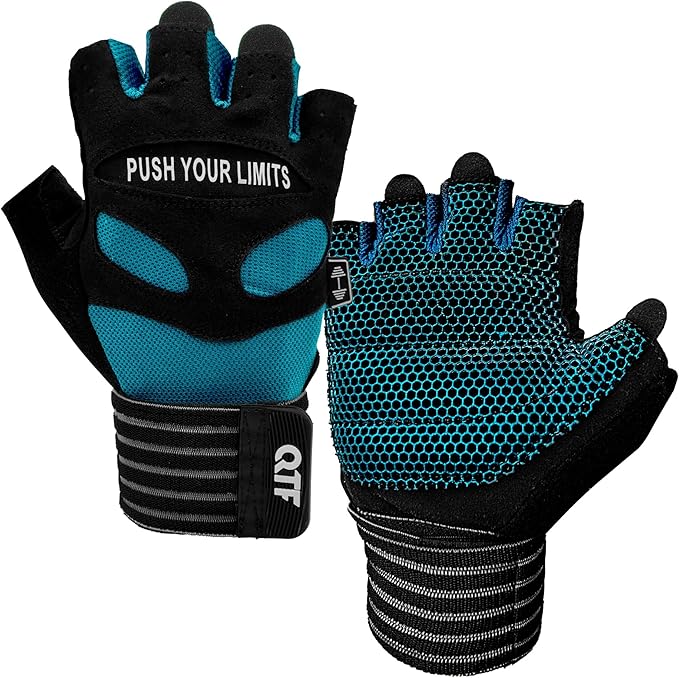 QTF Weight Lifting Gym Workout Gloves with Long Wrist Strap, Fingerless Gym Gloves for Men & Women, Full Palm Protection, for Weightlifting, Training, Fitness, Hanging