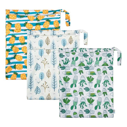 babygoal Wet Dry Bags for Baby Cloth Diapers, Washable Travel Bags, Beach, Pool, Gym Bag for Swimsuits & Wet Clothes with Two Zippered Pockets 3 Pack, 3LN05