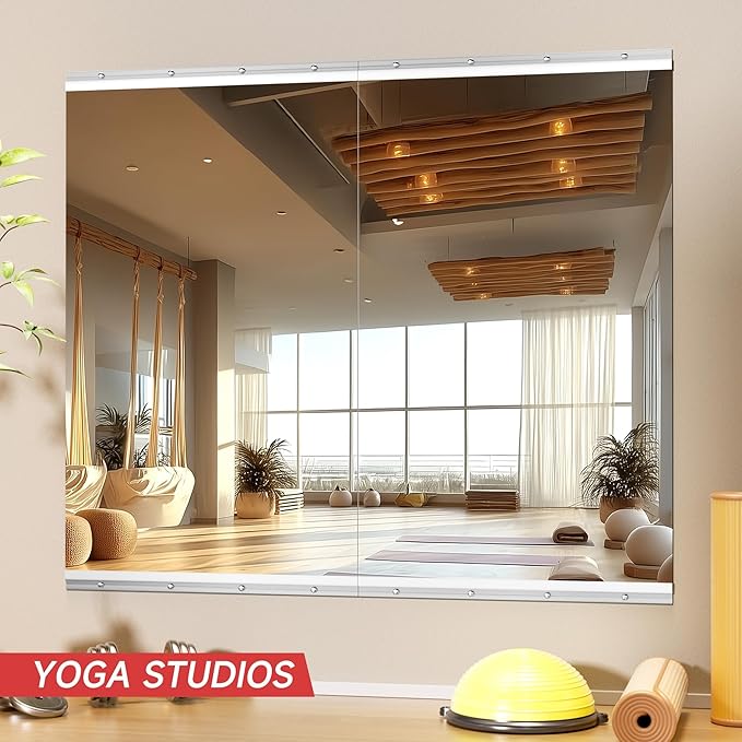 48" x30” 2 Pack Home Gym Mirrors, Large HD Frameless Tempered Glass, Full Body Wall Mount Mirrors for Home Gym, Yoga, Dance Studio, Workout, Silver Clamp Rail