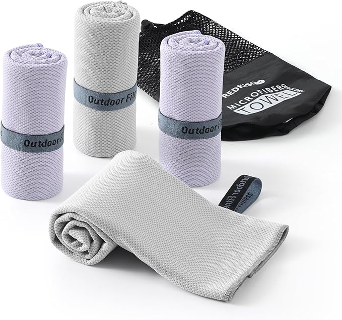 Cooling Towels for Neck and Face - 4 Pack Microfiber Gym Towels Set, 39" x 11" Microfiber Absorbent Towel for Sports Fitness, Yoga, Super Soft and Quick-Drying Gym Towels for Women Men, Grey Purple