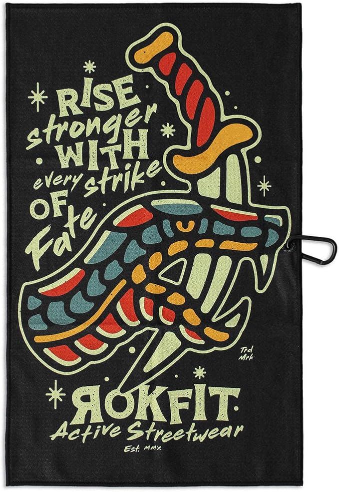 RokFit Gym & Golf Towel – Multi-Use, Quick-Dry, Durable Utility Towel with Bold Graphic and Carabiner Clip (Rise Stronger, Strike of Fate)