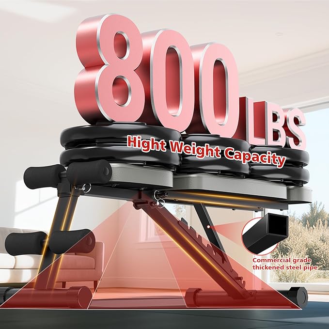 XDDIAS Workout Bench, 10 Backrests Adjustable Weight Bench with Extended Headrest, 800LBS Foldable Weight Bench for Home Gym, Incline Decline Flat Bench Compact for Small Space Training