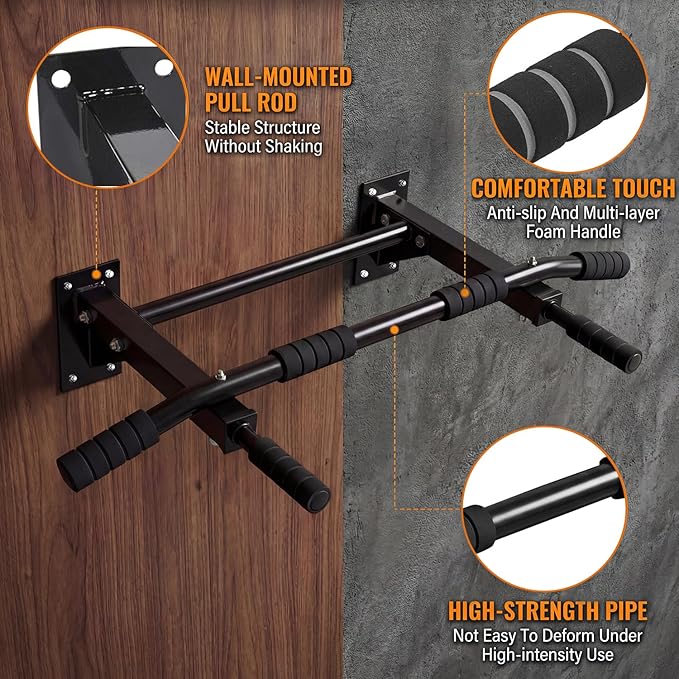 Pull Up Bar Wall Mounted - Multifunctional Wall Mounted Pull Up Bar for Home Gym, Workout Strength Training Equipment, Chin-Up Bar with 2 Suspension Anchors, Fits 16" & 24" Studs