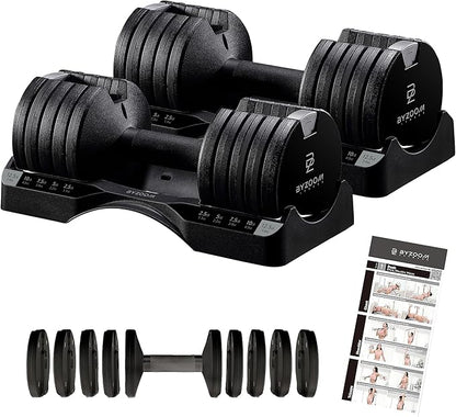 BYZOOM FITNESS Pure Series Adjustable Dumbbell - 12.5/25/27.5/75lb - ONE UNIT OR PAIR(check QTY before purchase) - 5-in-1/ 10-in-1 / 21-in-1 Flexible Hand Weights for Home Gym, Strength Training & Fitness Workouts, White OR Black