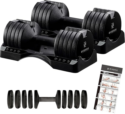 BYZOOM FITNESS Pure Series Adjustable Dumbbell - 12.5/25/27.5/75lb - ONE UNIT OR PAIR(check QTY before purchase) - 5-in-1/ 10-in-1 / 21-in-1 Flexible Hand Weights for Home Gym, Strength Training & Fitness Workouts, White OR Black