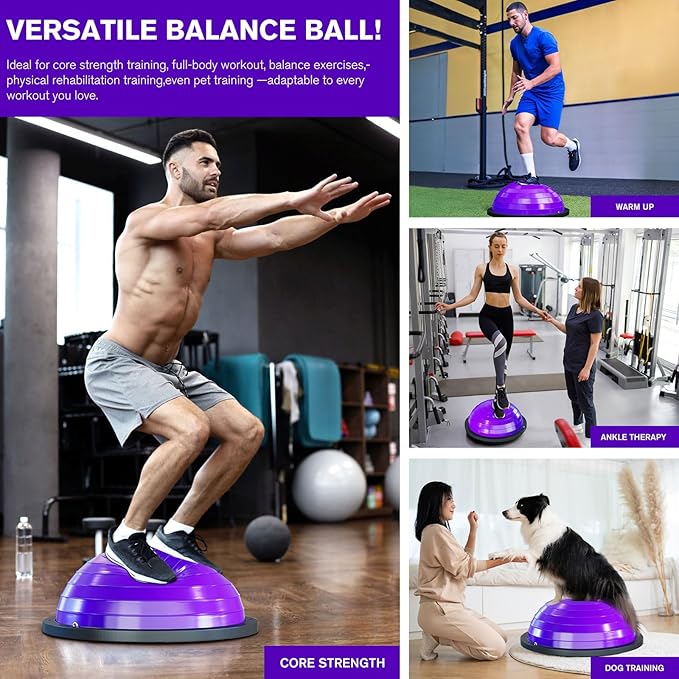 Half Balance Ball Trainer - 23 Inch Half Exercise Ball for Workout, Physical Therapy, Yoga, Home Gym, Core Strength, Stability, Fitness, Balance Training Equipment with Resistance Bands, Foot Pump