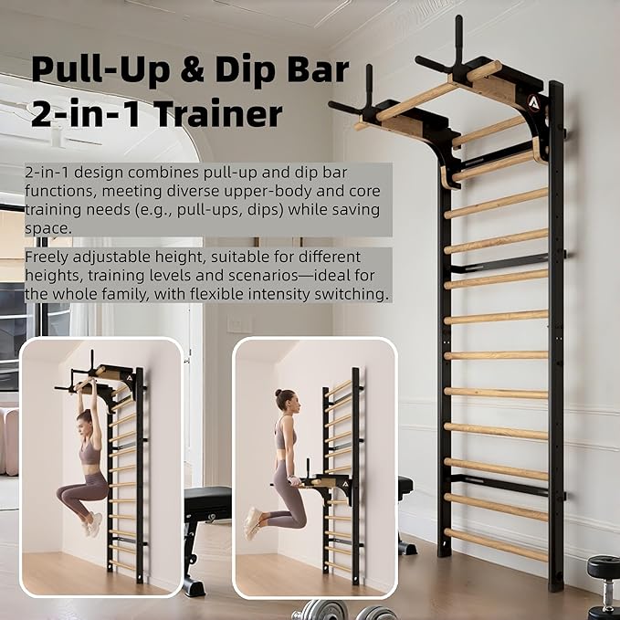 Swedish Ladder Pro, Wood Stall Bar with Push-Through Bar, Adjustable Pull-Up Dip Bar for Adults and Kids, Accessories Bundle, Spring, for Home, School, Physical Therapy and Gymnastics
