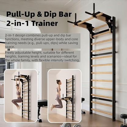 Swedish Ladder Pro, Wood Stall Bar with Push-Through Bar, Adjustable Pull-Up Dip Bar for Adults and Kids, Accessories Bundle, Spring, for Home, School, Physical Therapy and Gymnastics