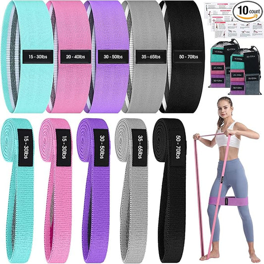 10 Pcs Fabric Resistance Bands for Working Out, 5 Levels Elastic Non-Slip Exercise Bands with Guide for Women and Men Legs and Glutes - for Home, Gym, Yoga, Pilates, Stretching