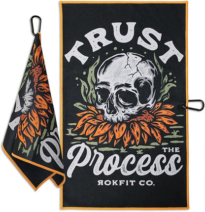 RokFit Gym & Golf Towel – Multi-Use, Quick-Dry, Durable Utility Towel with Bold Graphic and Carabiner Clip (Trust The Process)