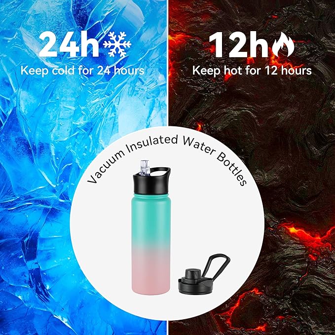 24oz Insulated Water Bottle with Straw Lid, Stainless Steel Metal Water Bottle with Straw & Wide Mouth Lid, Double Wall Vacuum Water Bottle for Hiking Camping, Bubble Gum 8 Pack