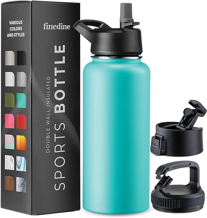 FineDine Triple Walled, Insulated Water Bottles with Straw - 32 Oz Stainless Steel Metal Bottle W/ 3 Leak Proof Lids - For Travel, School, Sports, Gym / Men, Women & Kids - Cheery Turquoise