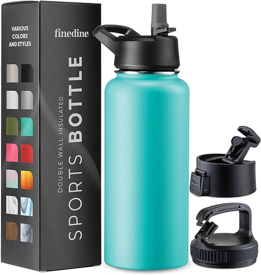 FineDine Triple Walled, Insulated Water Bottles with Straw - 32 Oz Stainless Steel Metal Bottle W/ 3 Leak Proof Lids - For Travel, School, Sports, Gym / Men, Women & Kids - Cheery Turquoise