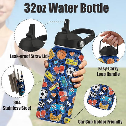 Gamer Water Bottle 32oz - Insulated Stainless Steel with Straw, Leak Proof Lid - Ideal Gaming Gifts for Kids Boys Teens - BPA-Free Sports Bottle for School, Travel & Gaming