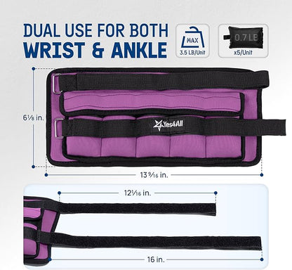 Yes4All Adjustable Wrist & Ankle Weights 3.5/5 LB Pair, Leg Weights for Women & Men, Weighted Arm Bands with Removable Sandbags for Fitness, Pilates, Walking, Strength Training - Versatile Colors