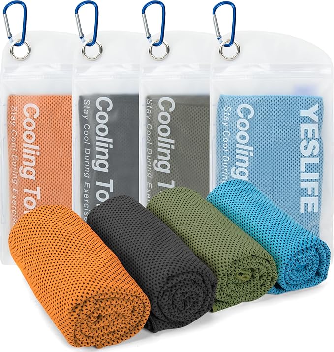 YESLIFE 4 Pack Cooling Towel 40"x12", Gym Towels for Men and Women, Soft Breathable Workout Towels for Yoga, Running, Sport, & More (Black, Army Green, Orange, Blue)