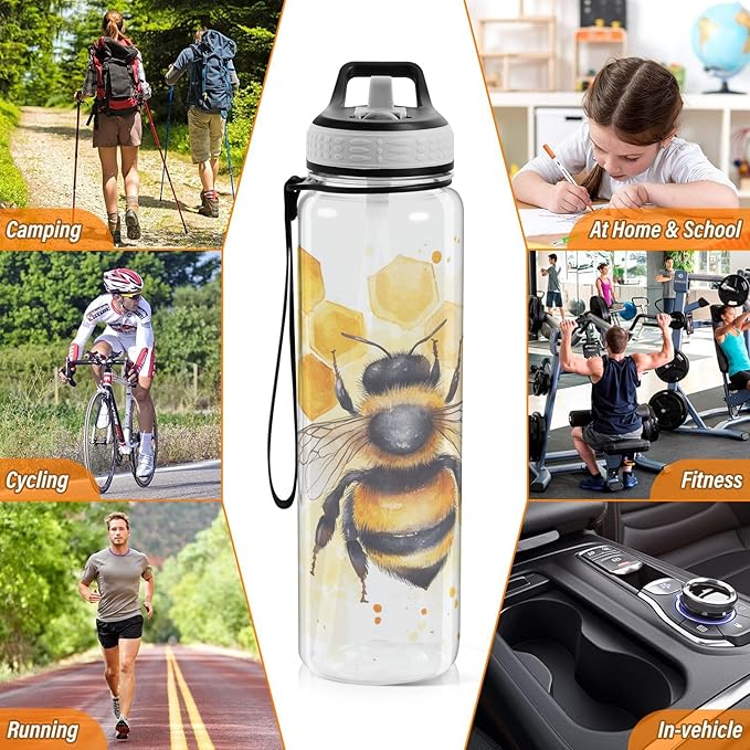 Fustylead Watercolor Honeybee on Honeycomb 32oz Water Bottle with Straw, Leakproof Clear Sport Water Bottles for Gym Camping Hiking Travel