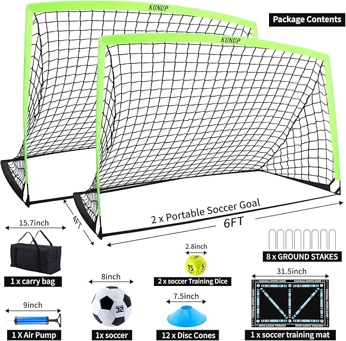 2 Set Kids Soccer Goals for Backyard with Training Equipment, Portable Foldable Practice Nets with Ball, Dice & Mat, Cones, Air Pump and Carry Bag for Toddler Youth Outdoor Sports Game