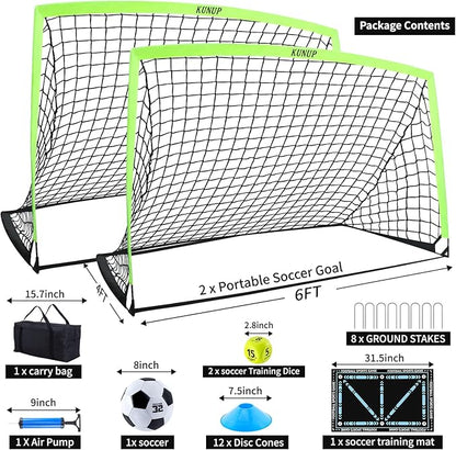 2 Set Kids Soccer Goals for Backyard with Training Equipment, Portable Foldable Practice Nets with Ball, Dice & Mat, Cones, Air Pump and Carry Bag for Toddler Youth Outdoor Sports Game