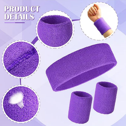 24 Pieces 80s Neon Sweatbands Set, Include 8 Sports Headbands and 16 Sweat Wristbands Elastic Athletic Tennis Sweat Bands Bulk for Man Woman
