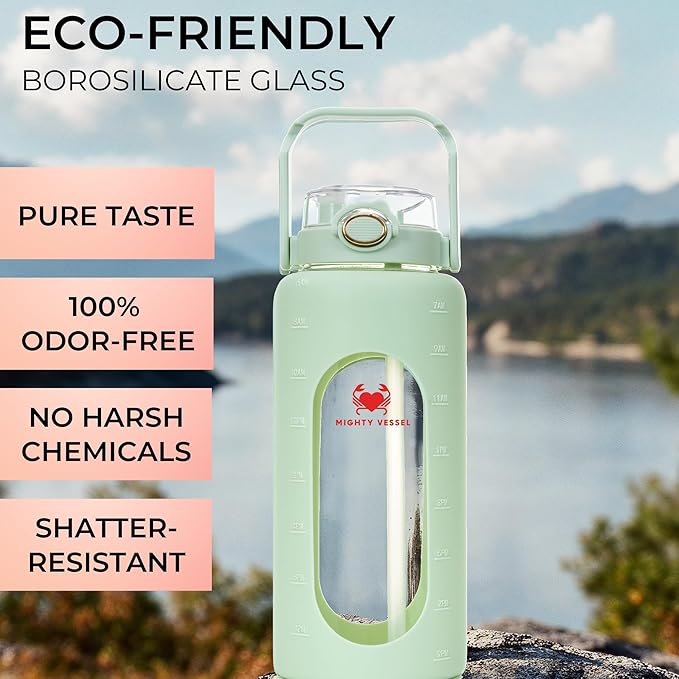 64 Oz Water Bottle with Time Marker & Straw - Light green Pregnancy 2 Liter Glass Water Bottles with Measurements - Daily intake bottle - Leakproof Borosilicate jug
