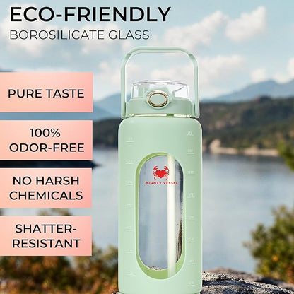 64 Oz Water Bottle with Time Marker & Straw - Light green Pregnancy 2 Liter Glass Water Bottles with Measurements - Daily intake bottle - Leakproof Borosilicate jug