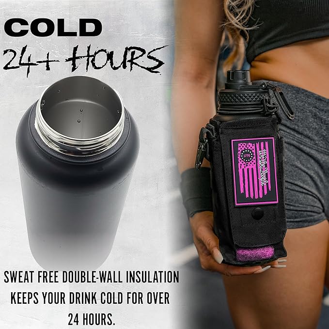 Iron Infidel Battle Bottle - 32 Oz Insulated Water Bottle with Straw Lid & Chug Cap, Stainless Steel Metal Flask Includes Rugged, Removable Sleeve for Keys, Wallet, & Phone (Valkyrie 1 Liter)