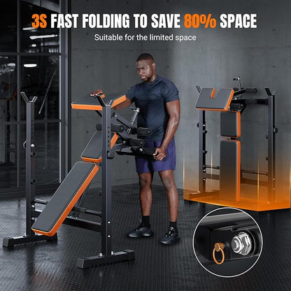 YOLEO 6 in 1 Space Saving Weight Bench with Rack, Fast Folding & Adjustable Workout Bench, Bench Press Rack/Leg Extension/Preacher Curl/Sit Up(1-Step Folding & Easy Assembly)