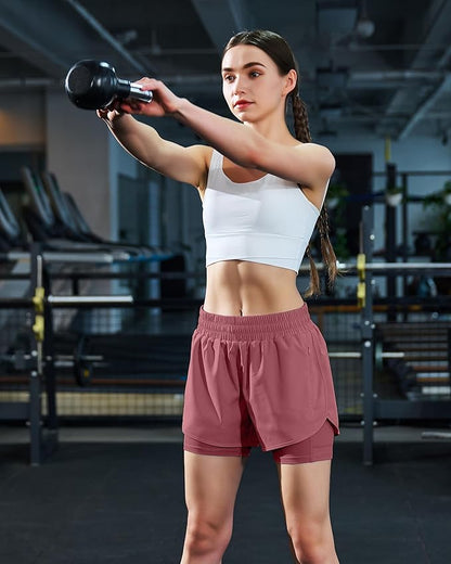 Ksmien Women's 2 in 1 Running Shorts Quick Dry Athletic Gym Workout Shorts with Liner Phone Pockets