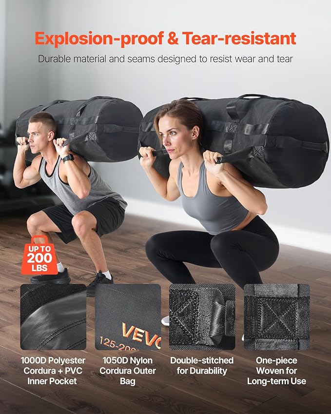VEVOR Workout Sandbag, Heavy Duty Workout Power Bags with Handles, 125-200 lbs Adjustable Slam Bag for Fitness Strength Weight Training Cross-Training, Home Gym Exercise, Black (Unfilled)