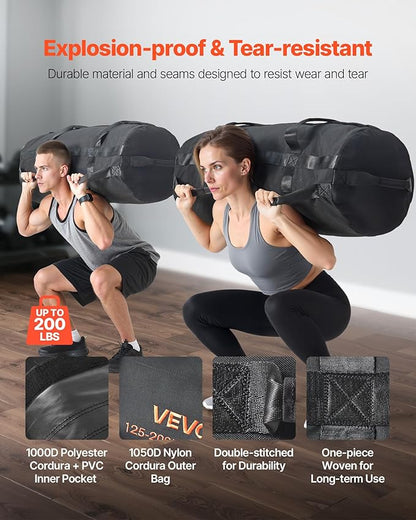 VEVOR Workout Sandbag, Heavy Duty Workout Power Bags with Handles, 125-200 lbs Adjustable Slam Bag for Fitness Strength Weight Training Cross-Training, Home Gym Exercise, Black (Unfilled)
