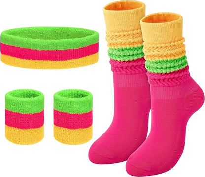 80s Neon Sweatbands Set Sports Wristband and Headband Neon Slouch Socks 80s Outfits for Women 90s Accessories