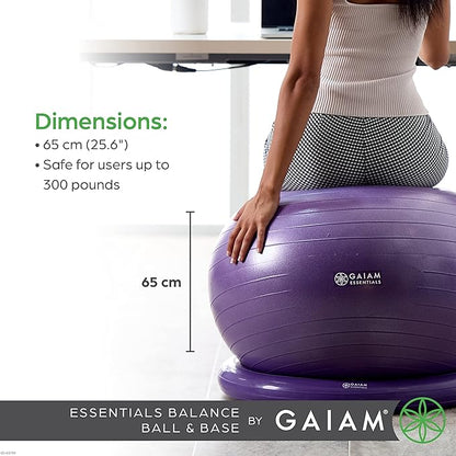 Gaiam Essentials Balance Ball & Base Kit, 65cm Yoga Ball Chair, Exercise Ball with Inflatable Ring Base for Home or Office Desk, Includes Air Pump