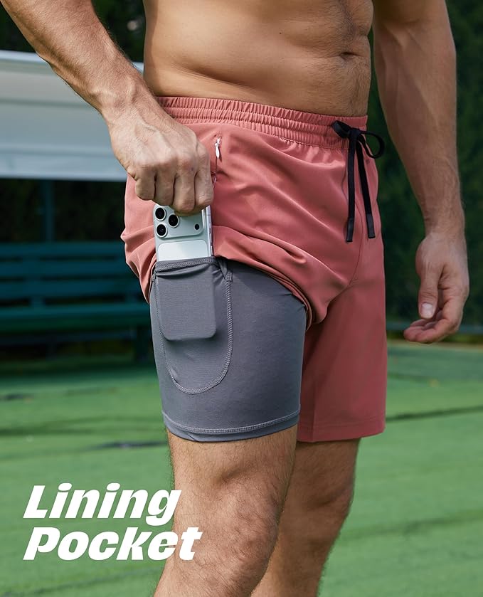 Men 2 in 1 Running Shorts with Compression Liner 5" 7" Quick Dry Workout Athletic Shorts with Pockets Towel Loop