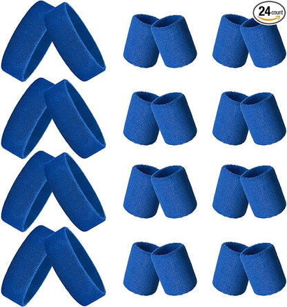 24 Pieces 80s Neon Sweatbands Set, Include 8 Sports Headbands and 16 Sweat Wristbands Elastic Athletic Tennis Sweat Bands Bulk for Man Woman