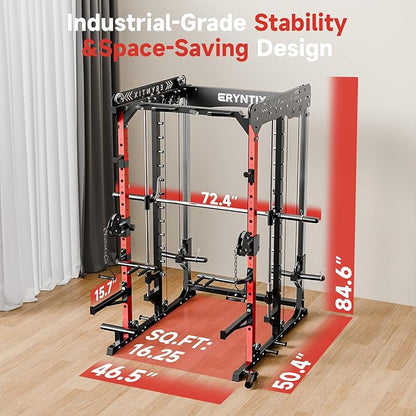 Smith Machine Power Rack, Eryntix All-in-One Power Cage with Cable Crossover, Squat Rack, LAT Pulldown & Pull-Up Bar, 2600LBS Capacity Home Gym Equipment with 18 Attachments for Strength Training