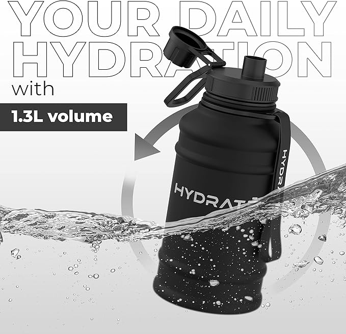 HYDRATE 43 Oz Stainless Steel Water Bottle - BPA Free Metal Water Bottle for Gym, Exercise - Water Jug with Convenient Nylon Carrying Strap and Leak-Proof Screw Cap Water Bottles for Men, Women, Adult