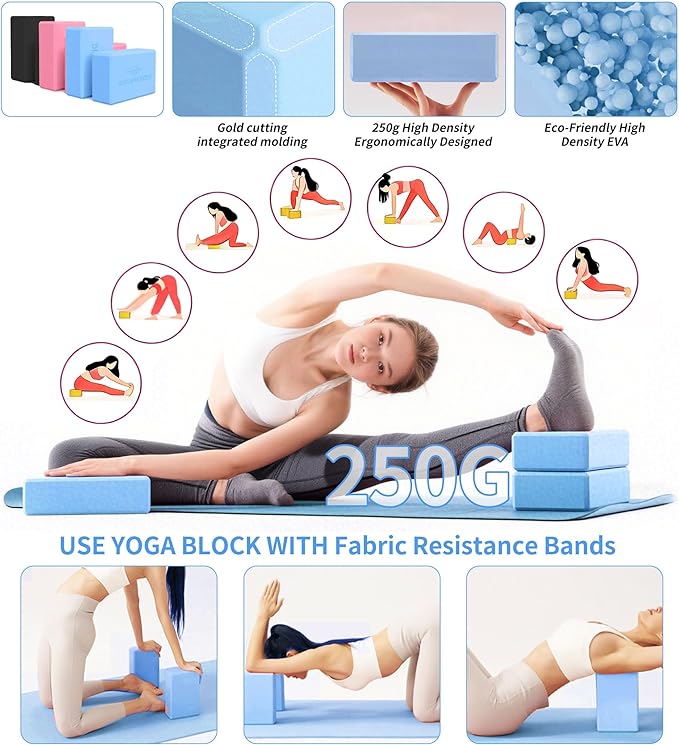 Yoga Mat Thick, 6 Fabric Resistance Bands, 2 Pack Yoga Blocks, Home Workout Equipment Essentials Starter Kit for Beginners Full Body Toning