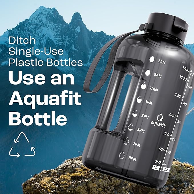 AQUAFIT 64 oz Water Bottle with Time Marker - Straw & Chug Lid - BPA Free Half Gallon Gym Water Bottle with Handle - Big Gallon Jug (Blue, 64 Ounces)