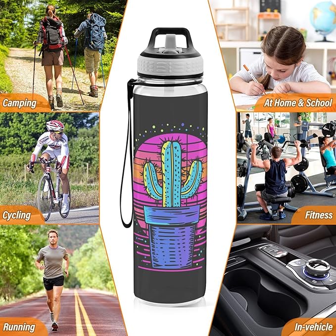 Fustylead Neon Color Cactus Design 32 oz Tritan Water Bottle with Straw, Leakproof and BPA-Free Sport Water Bottle for Fitness, Gym & Outdoor