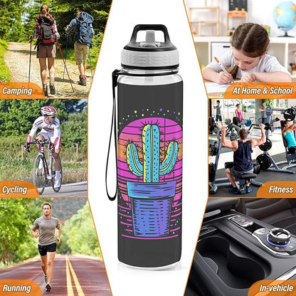 Fustylead Neon Color Cactus Design 32 oz Tritan Water Bottle with Straw, Leakproof and BPA-Free Sport Water Bottle for Fitness, Gym & Outdoor